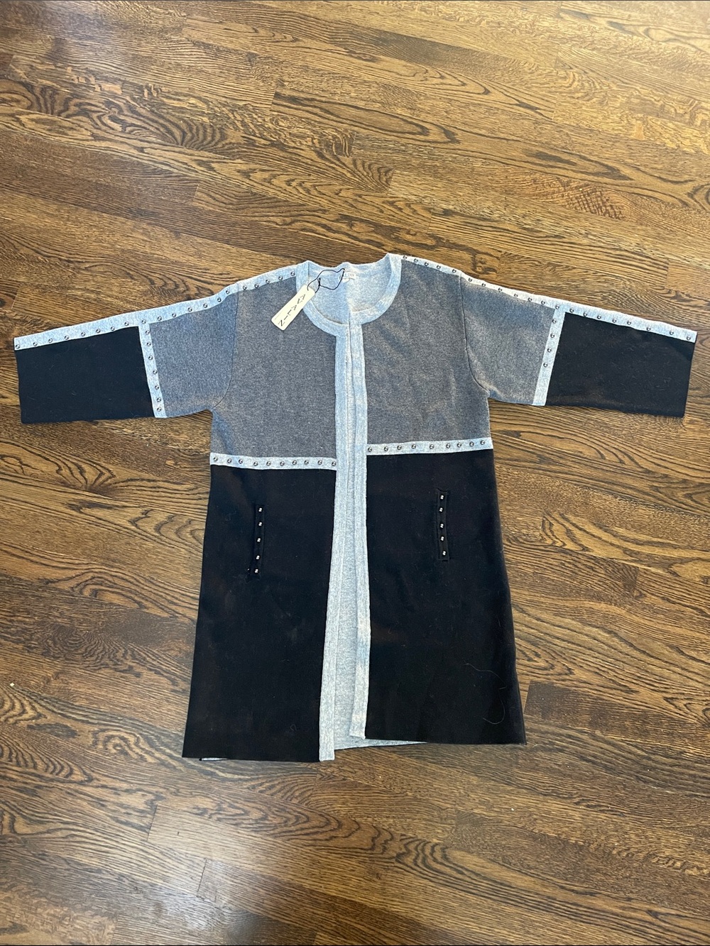 Two-Tone Black and Gray Women's Open Front Cardigan with hook closures.